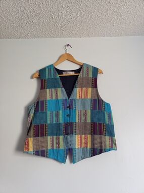Karen Scott Madras Patchwork Turquoise & Teal Button Vest